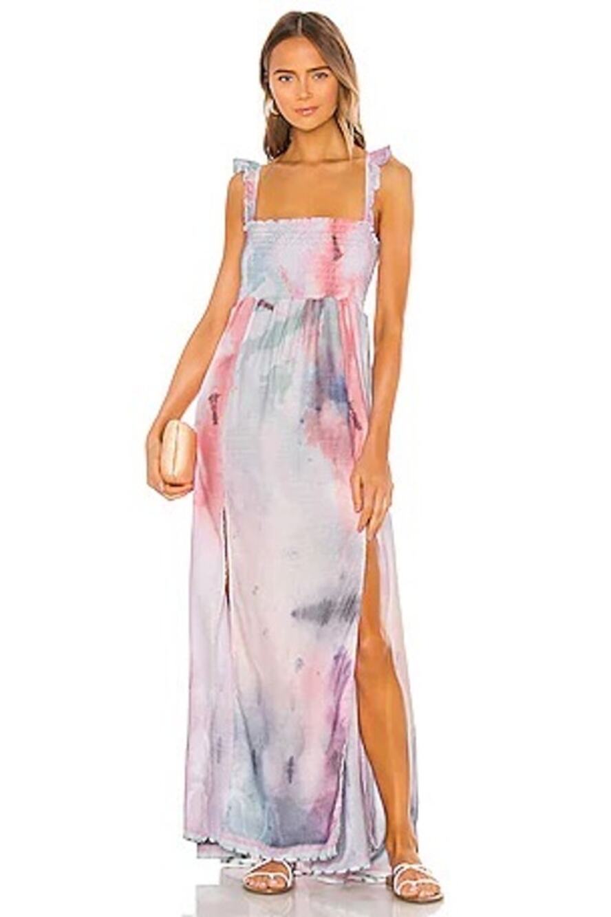 Agua Bendita Leandra Shibori Tye Dye Smocked Ruffle Sleeve Maxi Dress Medium